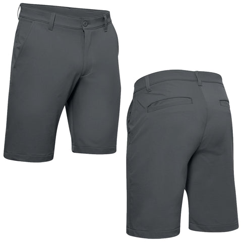 Gray shorts are displayed from the front and back showcasing a fitted style with a button closure and pockets in a casual context suitable for warm weather activities.