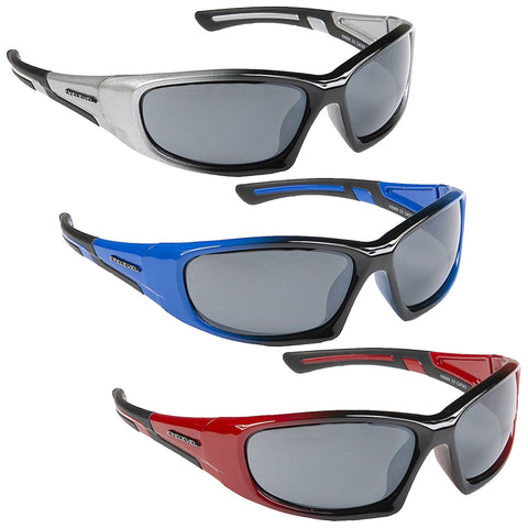 Three pairs of sunglasses in silver black blue and red are displayed stacked in a row showing a sleek design with dark lenses suitable for outdoor activities or fashion use.