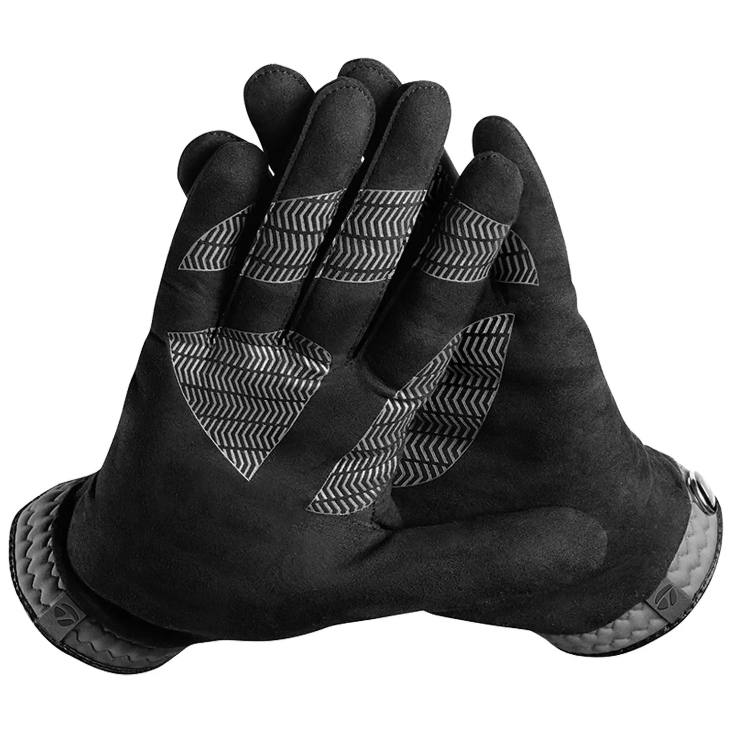Black gloves are displayed with fingers slightly curved showcasing textured grip patterns on the palms and fingers designed for enhanced traction in various activities on a plain background.