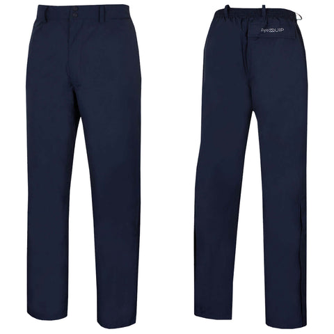 Navy blue pants hang straight with a waistband featuring buttons and a drawstring while showcasing a logo on the back pocket against a plain white background.