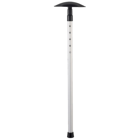 A metal pole with a dome-shaped top stands upright featuring multiple height adjustment holes along its length and a rubberized foot for stability in outdoor settings.