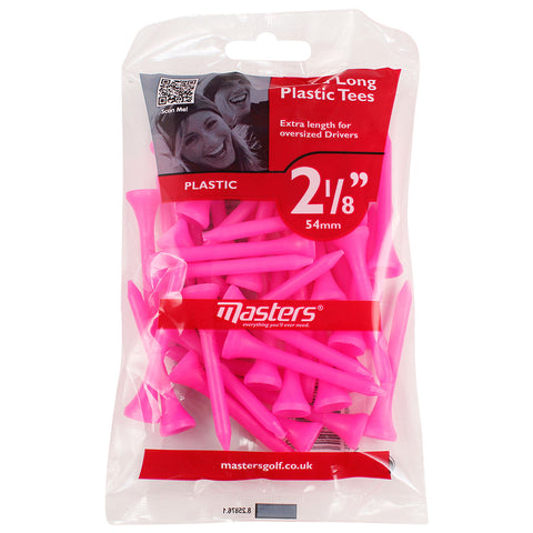 A clear plastic bag contains numerous bright pink golf tees. The action involves displaying the colorful tees, which are designed for use with oversized drivers. The background features product information and a visual of smiling individuals.