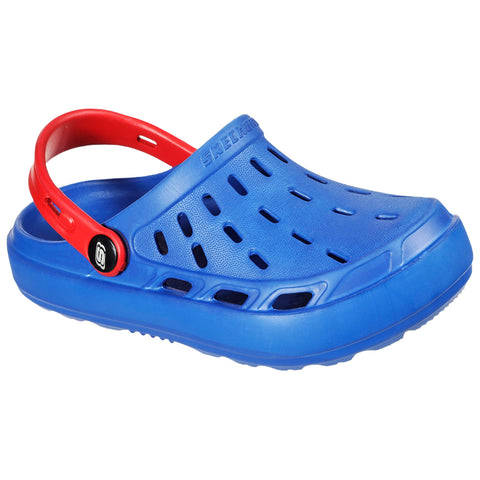 A blue clog shoe with ventilation holes features a red adjustable back strap labeled with the brand name Skechers positioned on a flat surface.