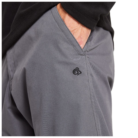 Gray pants are shown with a hand placed in the pocket highlighting the fabric texture and an embroidered logo on the side against a neutral background