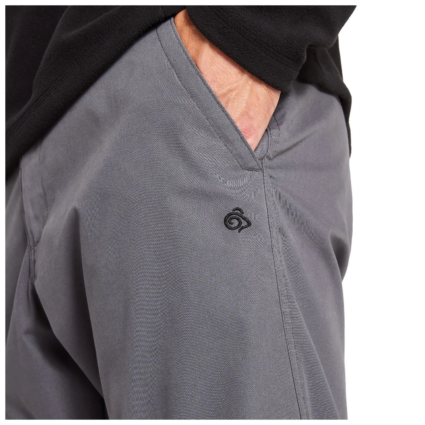 Gray pants are shown with a hand placed in the pocket highlighting the fabric texture and an embroidered logo on the side against a neutral background