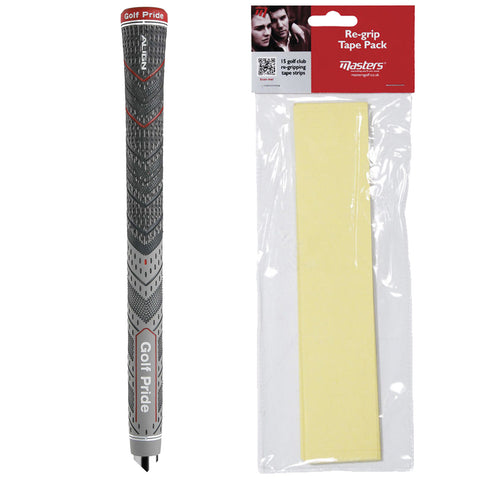 A golf club grip is shown alongside a pack of re-gripping tape strips, both against a plain background, emphasizing their use for maintaining golf equipment.