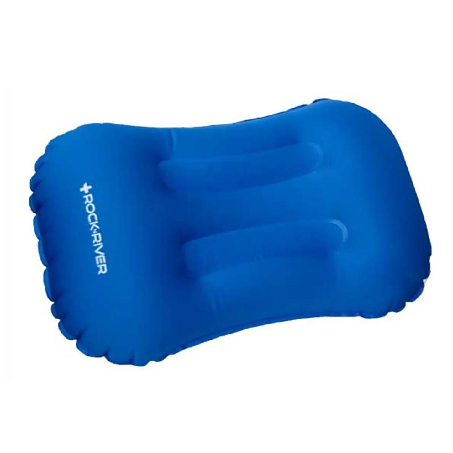 A blue inflatable pillow with contoured sections is positioned flat. It is designed for comfort, likely intended for outdoor activities or travel, providing support during rest or relaxation.