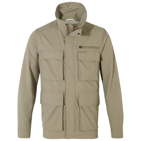 A light green jacket featuring multiple pockets is displayed. It is designed with a high collar and a front zipper, suitable for outdoor activities in casual settings.