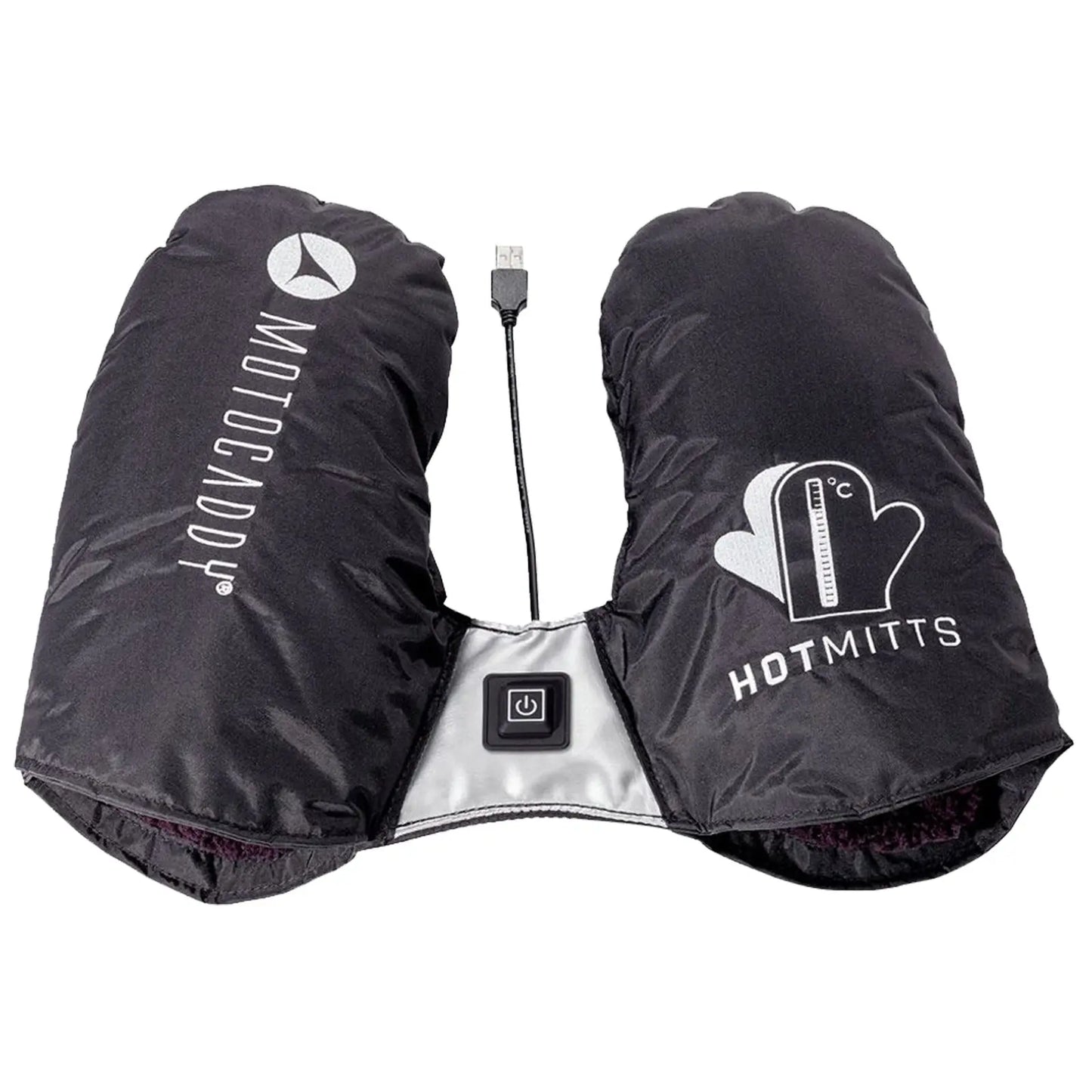 Black heated mittens with a USB connection and a power button are prominently displayed with branding visible they are designed to keep hands warm in cold conditions.
