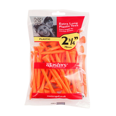 A transparent package contains multiple orange plastic golf tees designed for oversized drivers displaying a label with product details and smiling faces in the background