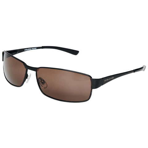 Black sunglasses with brown lenses lie at an angle showing the frame and temples designed for eye protection and style in a casual or outdoor setting.