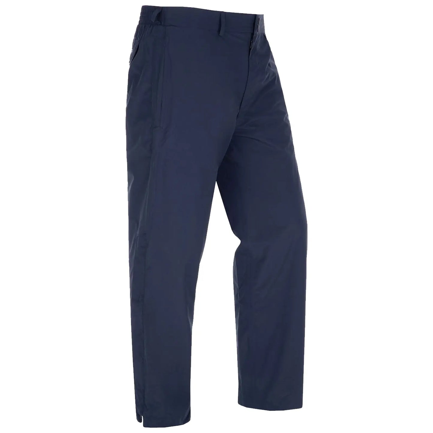 ProQuip Ladies Emily Waterproof Trousers Navy blue pants made of a lightweight material are displayed standing upright showcasing their straight cut and smooth surface in a neutral, uncluttered background.