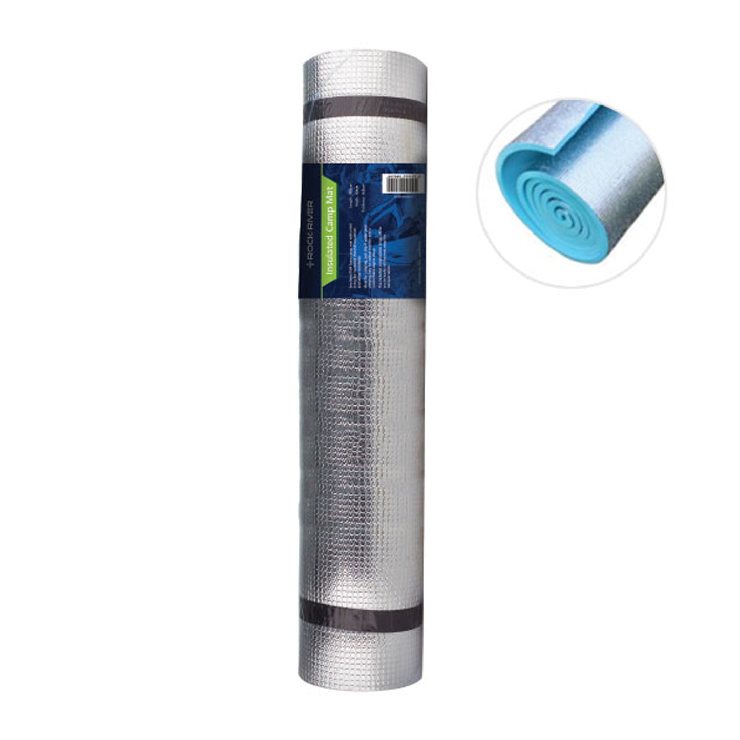 A rolled insulated camping mat is standing upright showcasing a textured silver surface with black bands and a label. An inset image illustrates a blue underside with a curled edge.