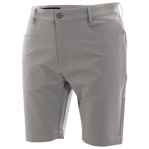 Gray shorts are displayed hanging in a neutral space showcasing their smooth fabric and simple design featuring a front button closure and side pockets suitable for casual wear.