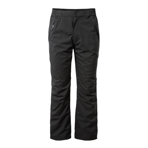Black snow pants stand upright showcasing a smooth fabric texture with a relaxed fit two side pockets and a button and elastic waistband in a neutral setting typically associated with outdoor winter clothing.