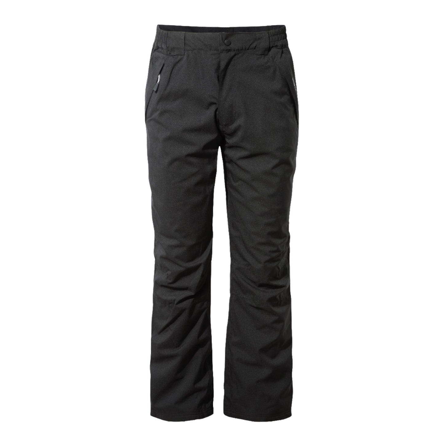 Black snow pants stand upright showcasing a smooth fabric texture with a relaxed fit two side pockets and a button and elastic waistband in a neutral setting typically associated with outdoor winter clothing.