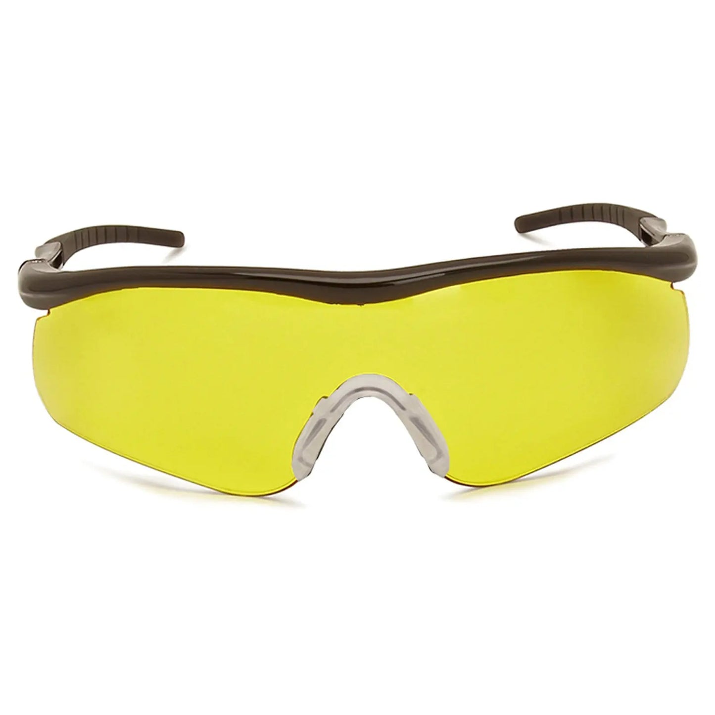 A pair of yellow-tinted safety glasses rests upright on a flat surface featuring a sleek design with dark frames and a rubber nose piece suitable for protective eyewear in various environments.