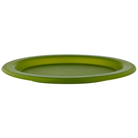 A green plate sits flat against a plain background highlighting its round shape and smooth surface which suggests it's ready for serving food or as a decorative item.