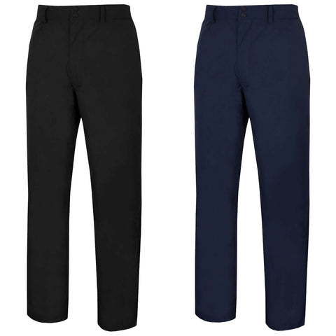 Two pairs of men's trousers are displayed side by side one pair is black and the other is navy blue both feature a straight-leg design with a standard waistband and button closure