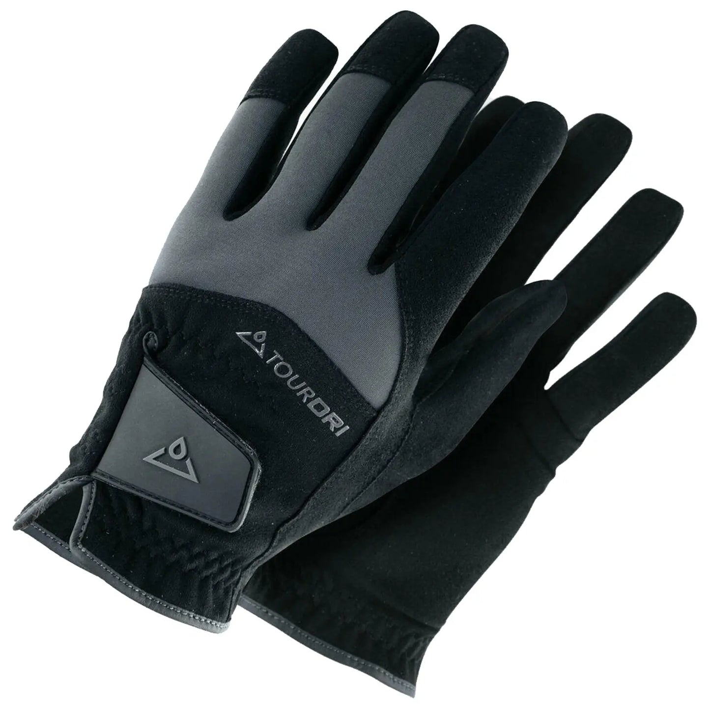 A pair of black and gray gloves rests on a flat surface featuring textured material and a logo on one side designed for grip and protection in various activities.