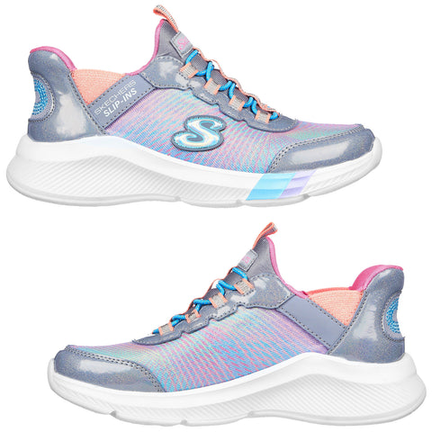 A pair of gray athletic shoes is designed with a mesh upper and colorful accents. The shoes are positioned side by side to showcase their sleek style and supportive design.