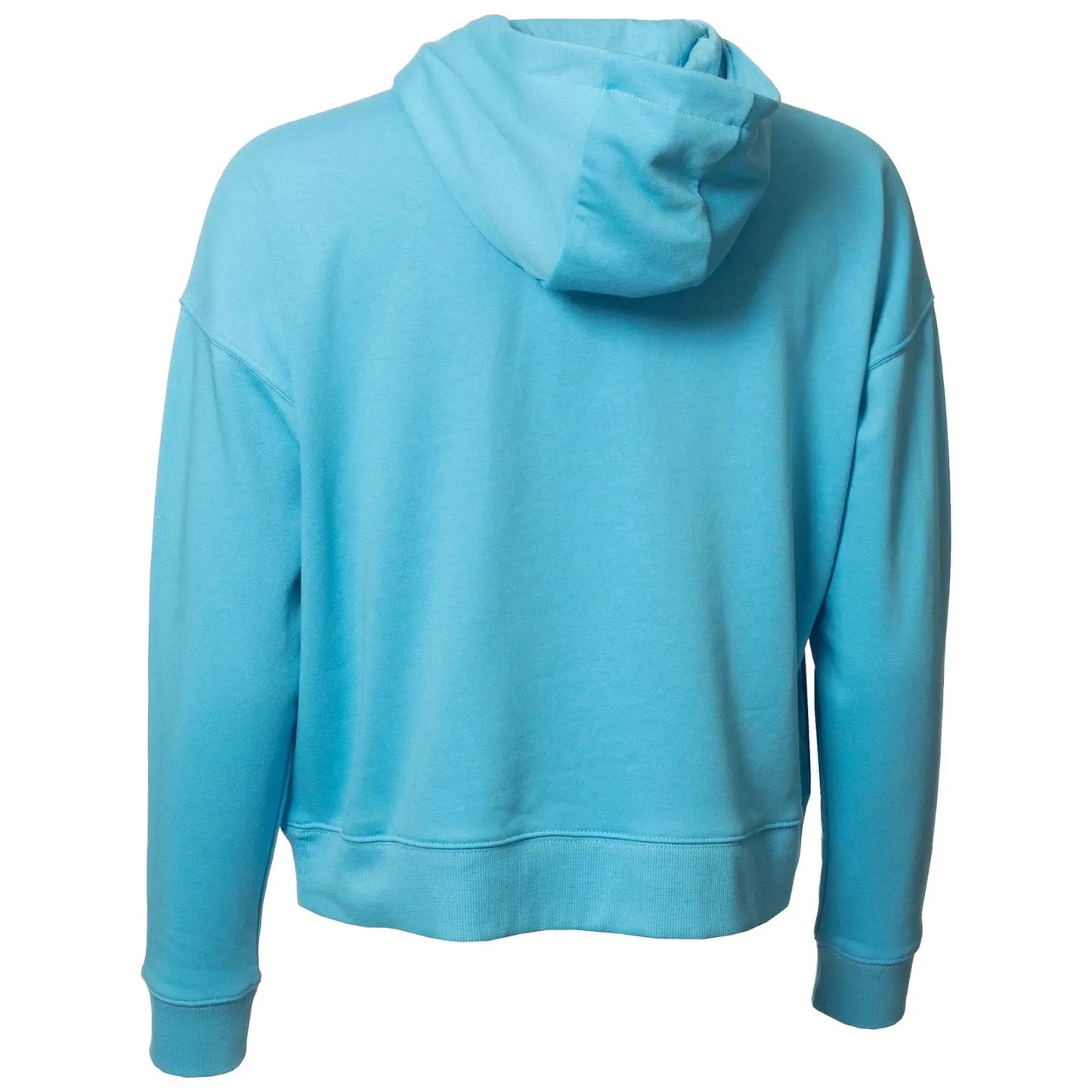 A blue hoodie is displayed showing its back side with a hood at the top and long sleeves extending down creating a casual and comfortable appearance.