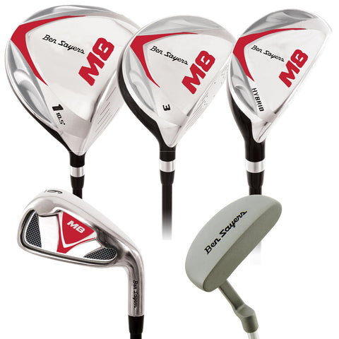 A set of golf clubs includes a driver marked M6 10.5 degrees a fairway wood marked M6 3 a hybrid club and an iron with a red emblem and a putter on a plain background.