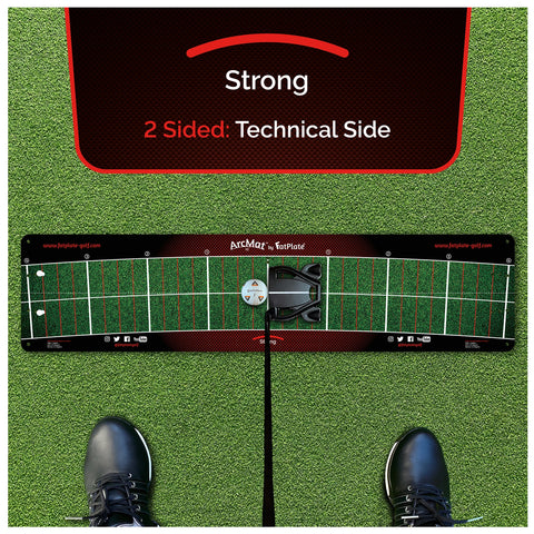 A black and red training mat with a curved alignment guide is positioned on green grass with a shoe nearby. It is designed for golf practice, indicating strong technical features.