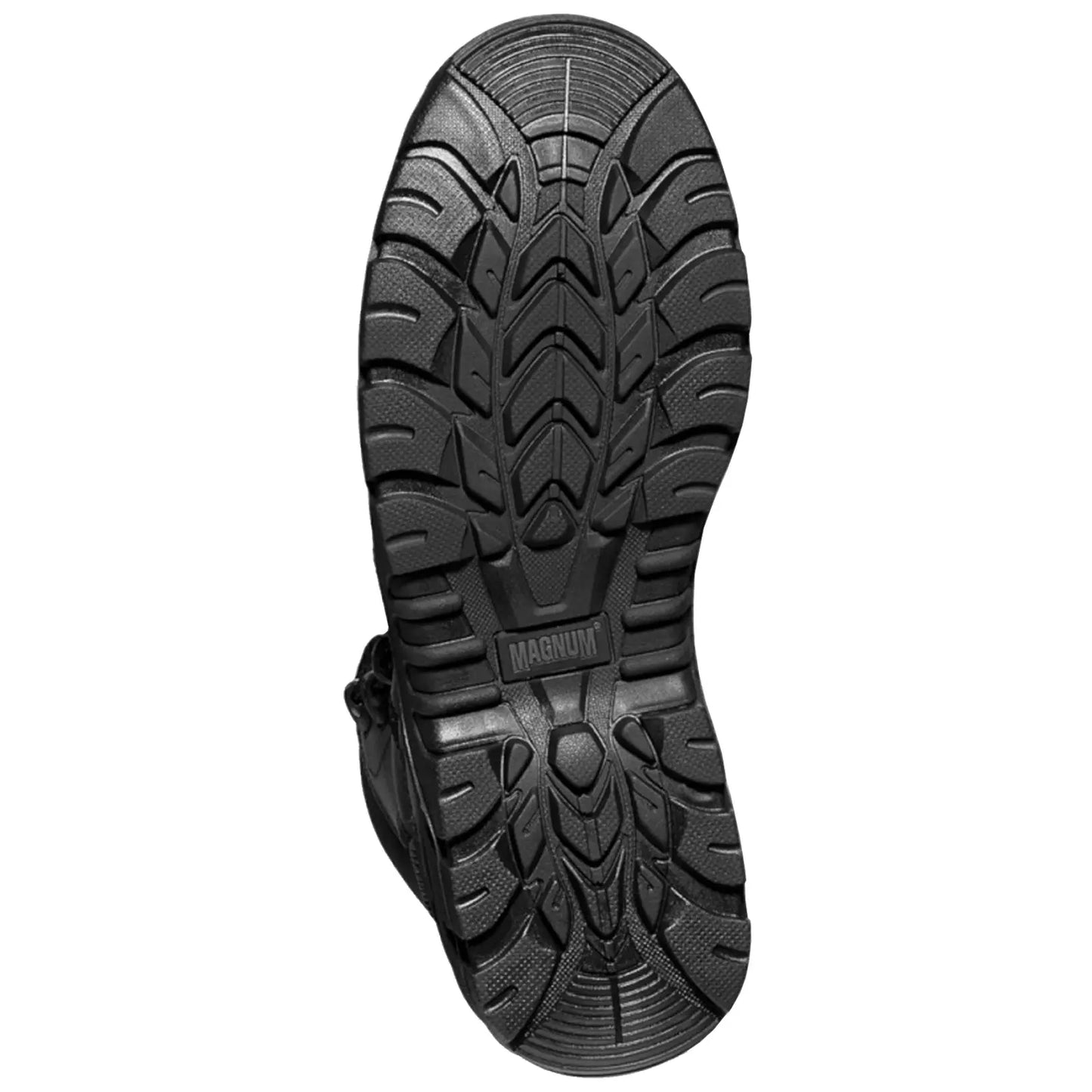 A black boot sole with a textured tread design is positioned flat against a neutral background showcasing its grip and durability intended for rugged use.