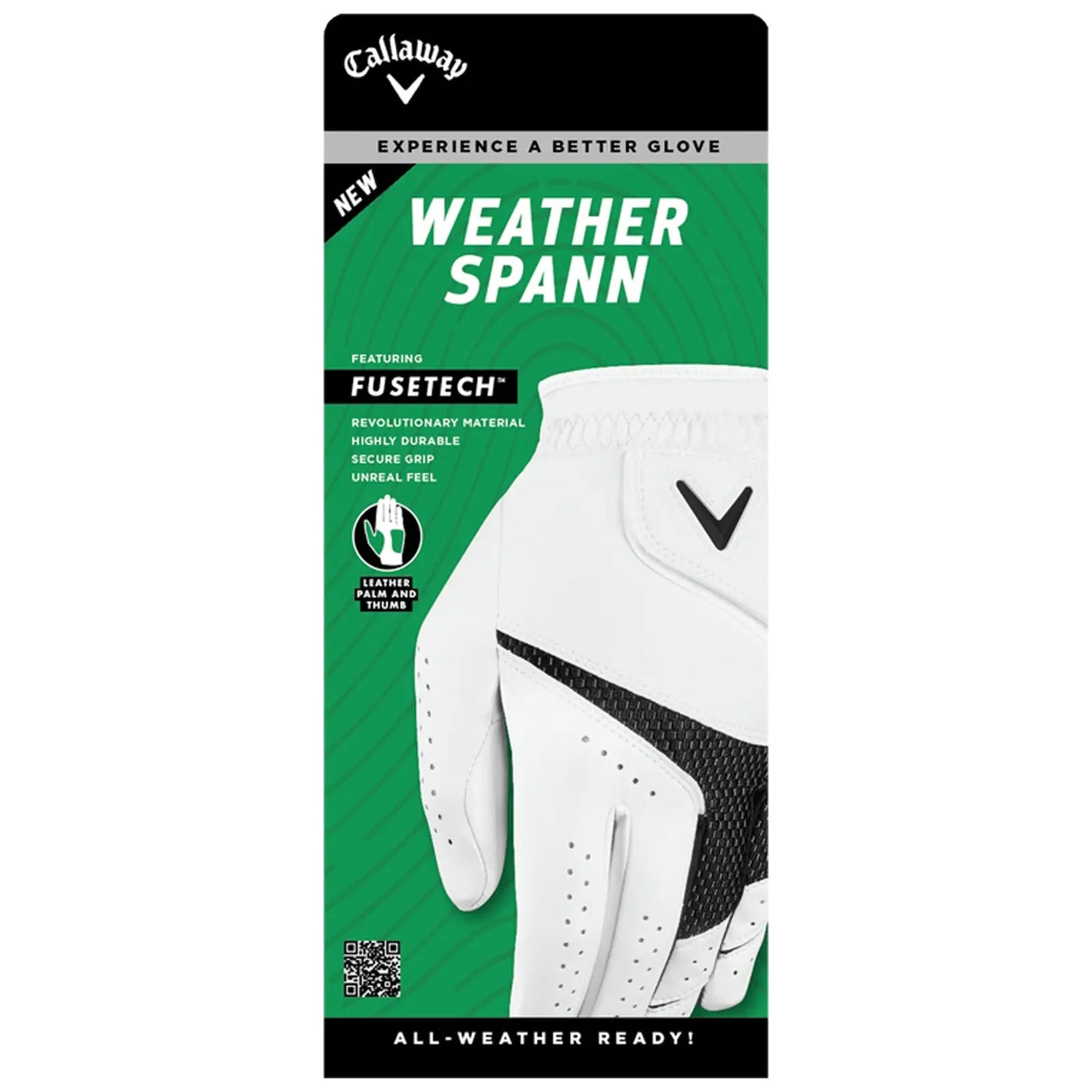 A white golf glove is displayed prominently with features highlighted on a green background. It showcases durable material for grip and feel. Text includes product features and branding details.