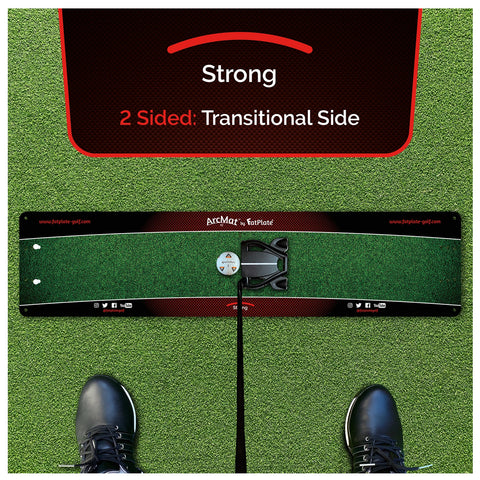 A golf practice mat lies on a grassy surface with a foot positioned near it while a guide arrow and markings indicate alignment and stance for putting practice. Text indicates it is strong and two-sided.