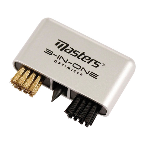 A compact tool featuring three brushes—two with different bristle types and one pointed end—designed for cleaning and optimizing various surfaces in a workshop or craft setting. Text reads "Masters 3-IN-ONE OPTIMISER."
