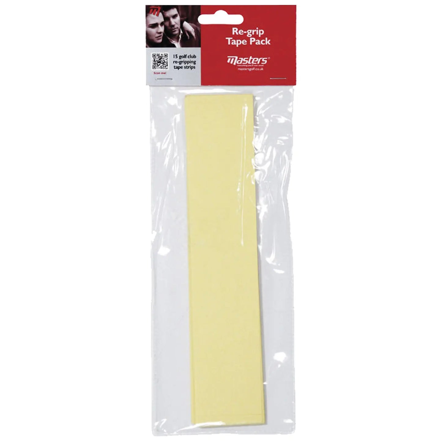 A yellow re-grip tape strip is packaged in a transparent plastic bag with a red header displaying the product name and branding for Masters, suitable for golf club re-gripping.
