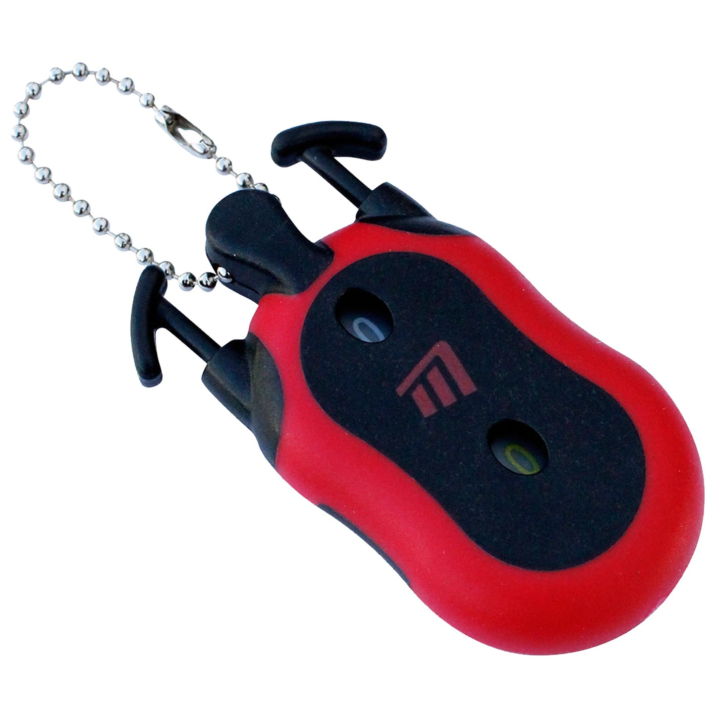 A small red and black device resembling a ladybug is attached to a metal chain with a keyring. It features push buttons and a window displaying numbers likely indicating a measurement.