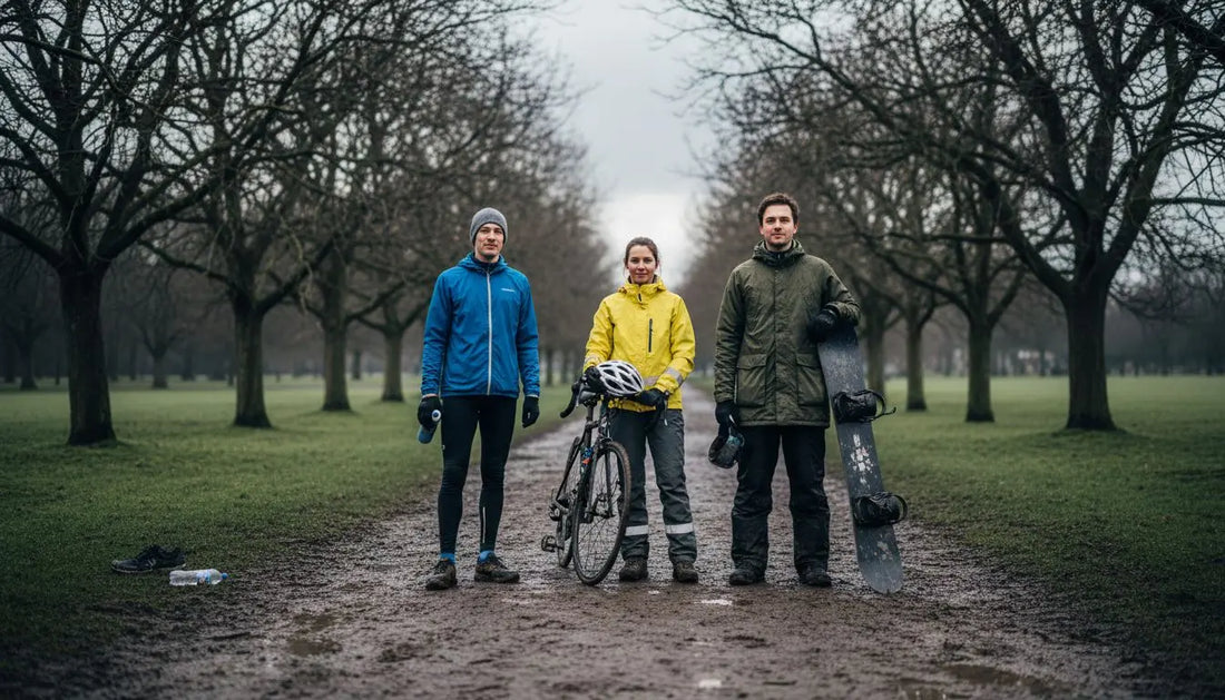 Three athletes outdoors in seasonal sports gear