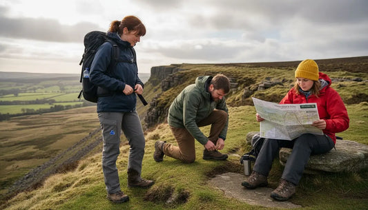 Hikers preparing with technical gear on UK trail