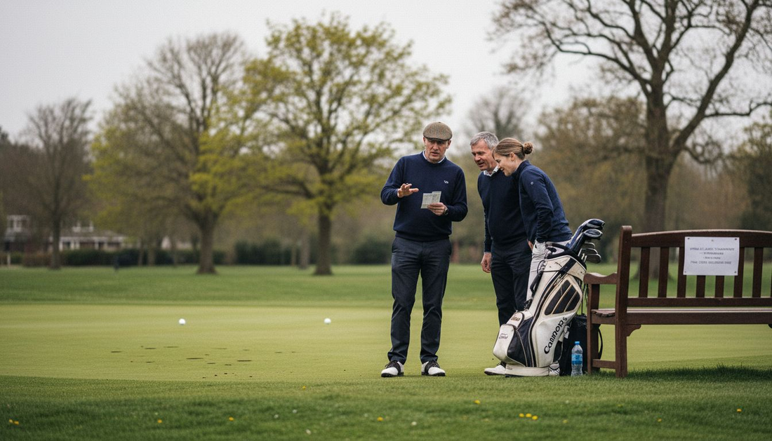 Golfers reviewing scores on UK green