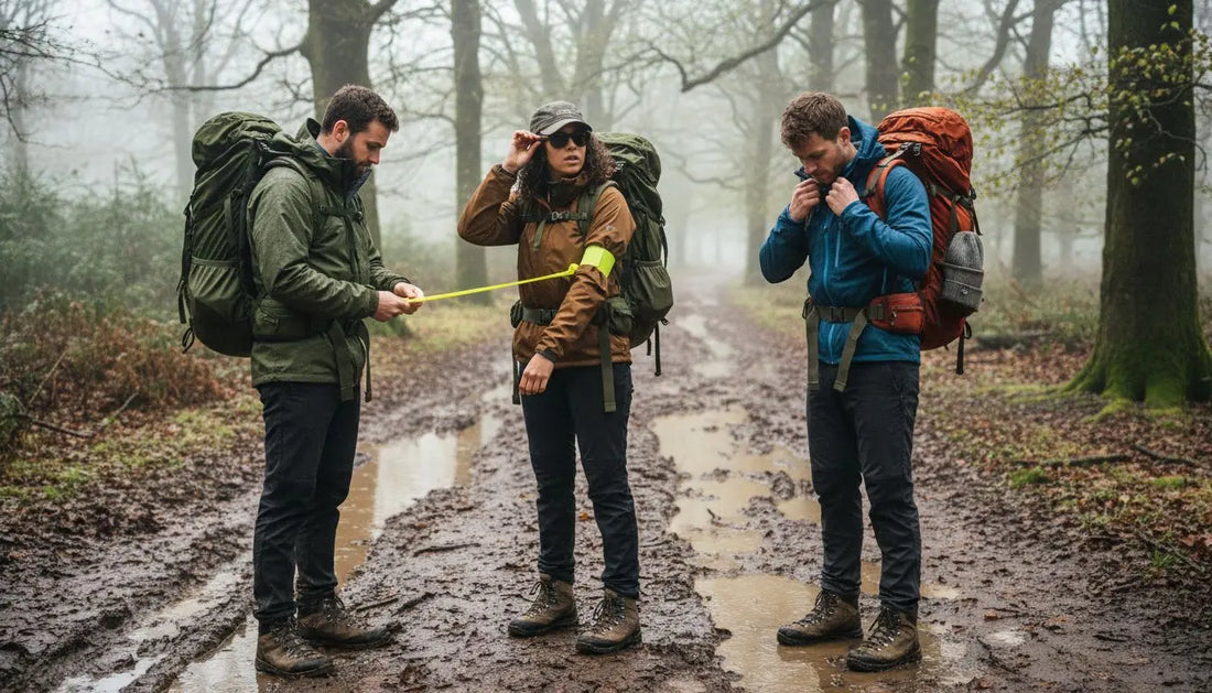 UK outdoor enthusiasts in sports gear on muddy woodland trail