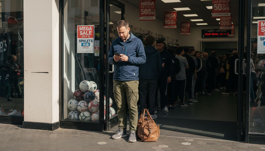 Man browsing sports gear deals in UK store