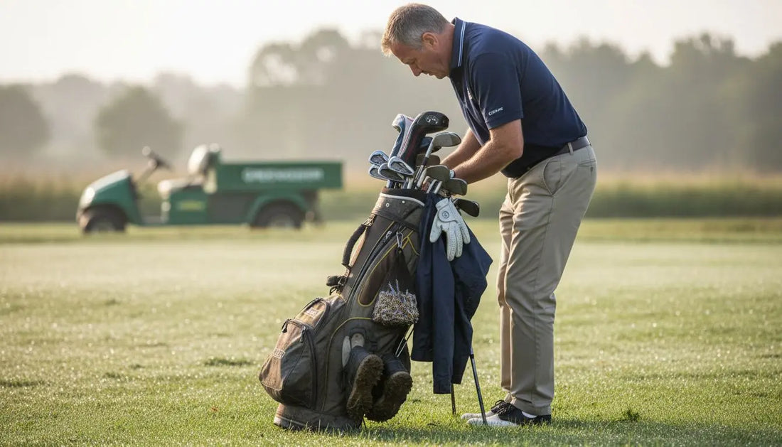 Golfer preparing bag with essential equipment