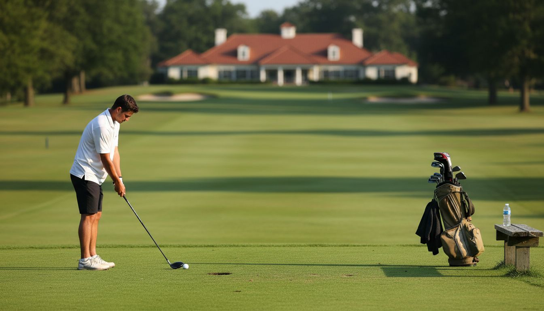 Beginner golfer preparing to tee off