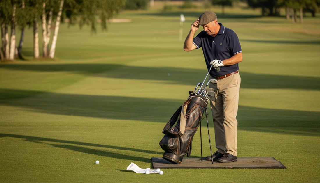 Golfer choosing clubs on putting green