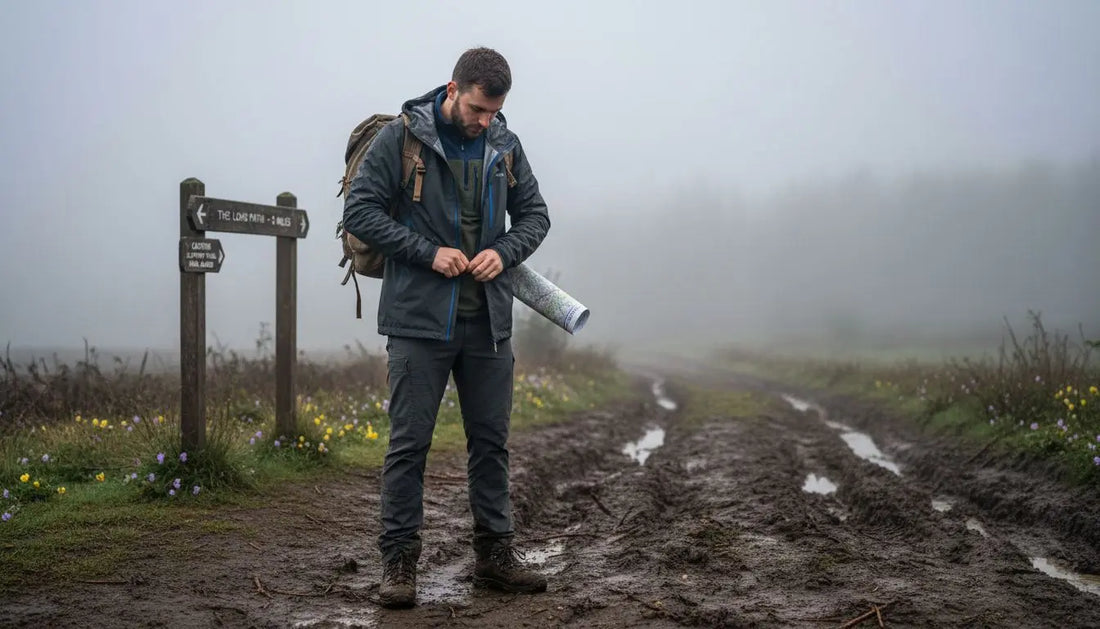 Hiker adjusting outdoor clothing layers at trailhead
