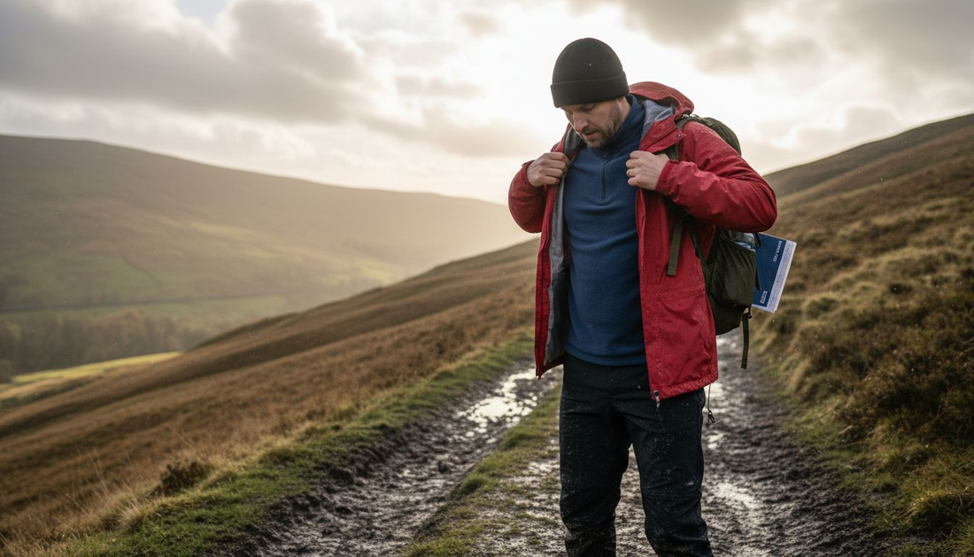 Hiker layering clothing in UK countryside
