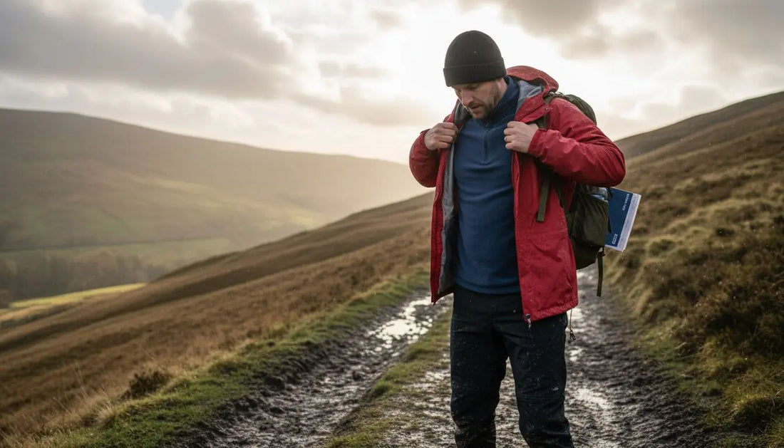 Hiker layering clothing in UK countryside