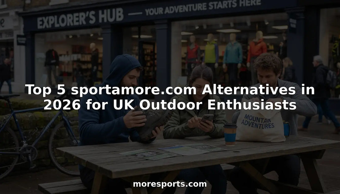 Shoppers comparing outdoor gear outside sports retailer