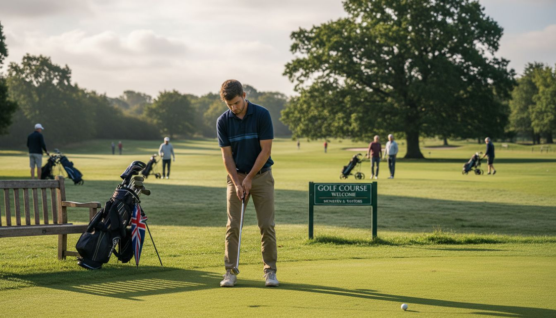 Beginner golfer adjusting grip on UK course