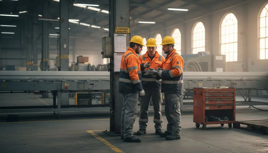 Industrial workers in safety workwear in factory
