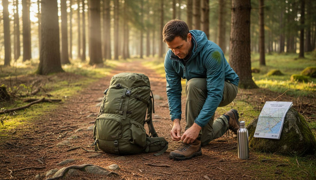 Hiker fitting boots at forest trailhead