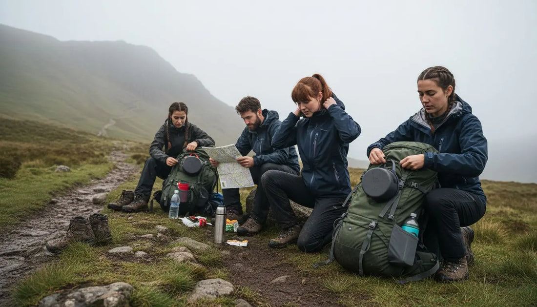 Hikers organizing gear before UK trek